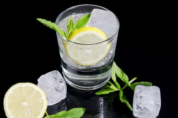 Gin tonic with lemon, mint and ices.