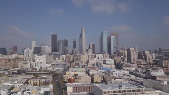 Downtown fly over Los Angeles LA buildings drone aerial