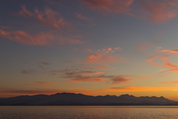 Beautiful sunset from the Cap Corse, with view over the Agriates desert, Corsica,  France.
