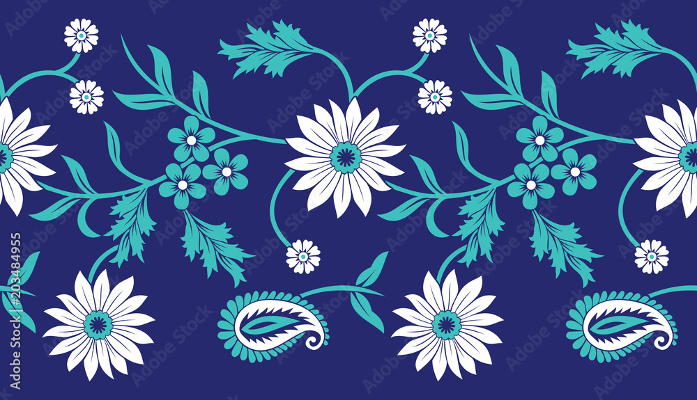 Wall mural Seamless vector floral border with blue and turquoise matching 