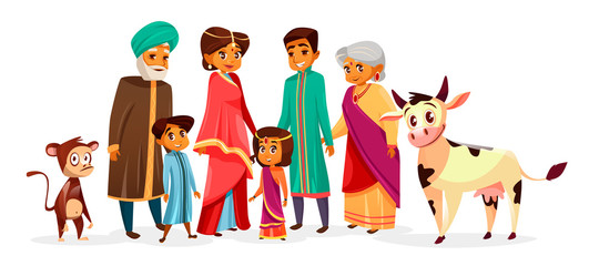 Indian family vector illustration of people in Hindu national clothes. Cartoon Indian characters of mother woman in saree and father man with children boy and girl or grandparents and pets