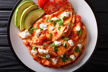 entomatadas with farm cheese and tomato sauce close-up on a plate. Horizontal top view