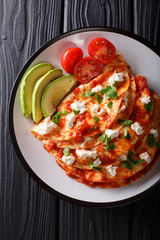 Mexican food: entomatadas with farm cheese, tomato sauce, greens and avocado close-up. Vertical top view
