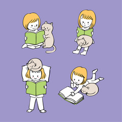 Cartoon cute little girl and cat vector.