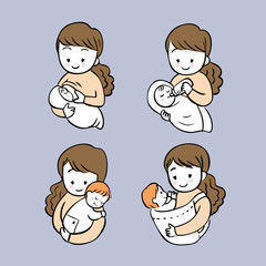 Cartoon cute actions woman feeding her baby vector set.
