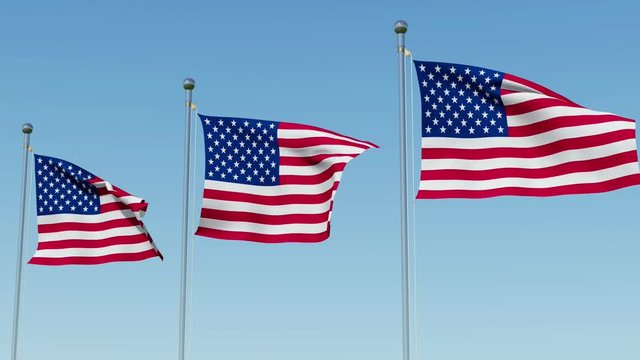 Three American Flags Waving and Flowing on Gentile Breeze. Three dimensional rendering 3D animation.