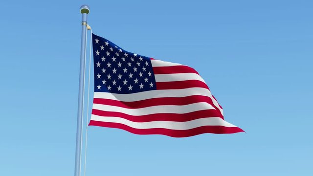 Flag of USA against blue sky. 3D rendered animation.