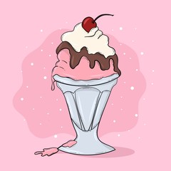 Cold and sweet / Creative conceptual still life illustration. Ice cream with cherry in glass.