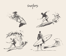 Set drawn vector young man beach surfboard sketch - obrazy, fototapety, plakaty
