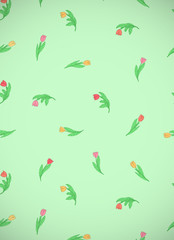 Vertical card with cute cartoon colored flowers, tulips on green background.