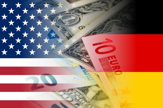 us and germany flags with euro and dollar banknotes mixed image