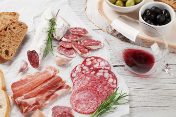 Salami, sausage, prosciutto and wine