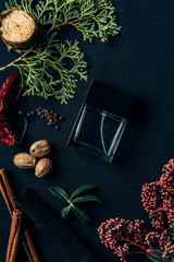 top view of bottle of perfume with aromatic spices and spruce branch on black