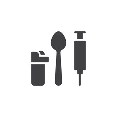 Lighter, spoon and syringe vector icon. filled flat sign for mobile concept and web design. Drug addiction simple solid icon. Symbol, logo illustration. Pixel perfect vector graphics