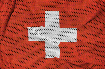 Switzerland flag printed on a polyester nylon sportswear mesh fabric with some folds
