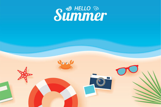 Hello summer card banner with vacation beach paper art background.
