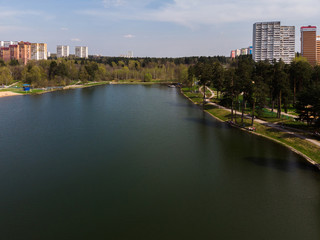 Top view on school lake in Zelenograd administrative district of Moscow, Russia