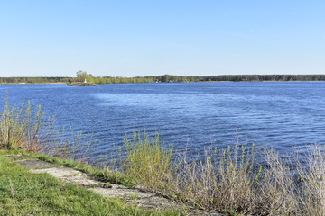 landscape, wide river, horizon, shore, blue sky