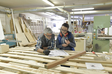 Wood industry technicians working together on project