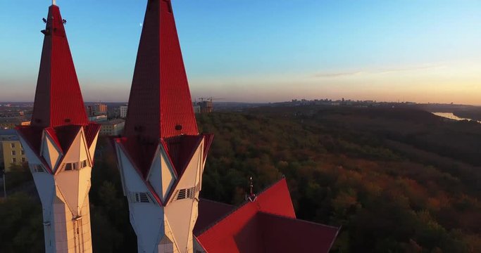 Lala Tulpan mosque in Ufa sunset, Russia - Aerial View