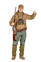 Full length portrait of a male hunter with double barreled shotgun Isolated on white background. hunting and people concept.