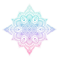 Round gradient mandala on white isolated background. Vector hipster mandala in green and pink colors. Mandala with floral patterns. Yoga template