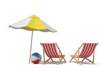 3d rendering of a white and yellow beach umbrella standing above two deck chairs.