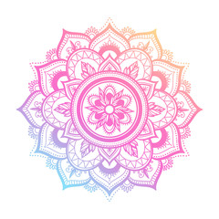 Round gradient mandala on white isolated background. Vector boho mandala in green and pink colors. Mandala with floral patterns. Yoga template - obrazy, fototapety, plakaty