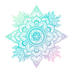 Round gradient mandala on white isolated background. Vector boho mandala in green and pink colors. Mandala with floral patterns. Yoga template