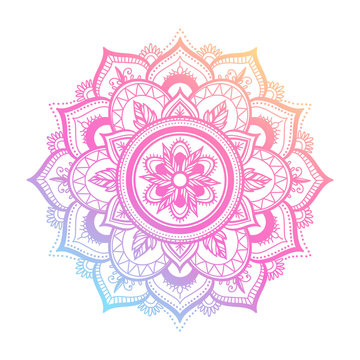 Round gradient mandala on white isolated background. Vector boho mandala in green and pink colors. Mandala with floral patterns. Yoga template