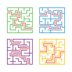 A set of square mazes for children. Simple flat vector illustration isolated on white background. With the answer.
