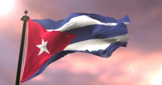 Cuba flag waving at wind in slow at sunset, loop