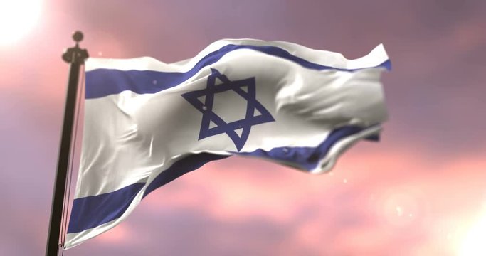 Flag of Israel waving at wind at sunset in slow, loop