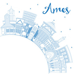 Outline Ames Iowa Skyline with Blue Buildings and Copy Space.