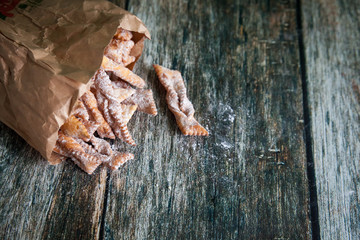 Crispy cookies Brushwood with powdered sugar