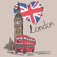 Foto op Canvas Kaart &quot Ik hield van Londen&quot . Met de afbeelding van de Big Ben, een rode dubbeldekkerbus en de vlag van Engeland. Vector illustratie. © kriselka1