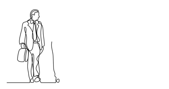 Self drawing animation of continuous line drawing of two walking businessmen