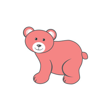 Cute cartoon pink bear standing, vector colorful illustration wild animal isolated on white background, decorative teddy for character design, greeting card, zoo alphabet, mascot