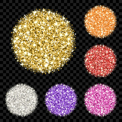 Glitter background set. Sparkle vector circles of different colors for your text on black backdrop. Template for your design of card, gift, vip, voucher, certificate, party invitation.