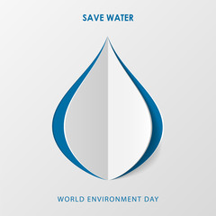 Paper cutout blue drop. World Environment Day June 5. Ecology, environment, nature protection concept. Save water. Template for banner, poster, leaflet. Vector illustration