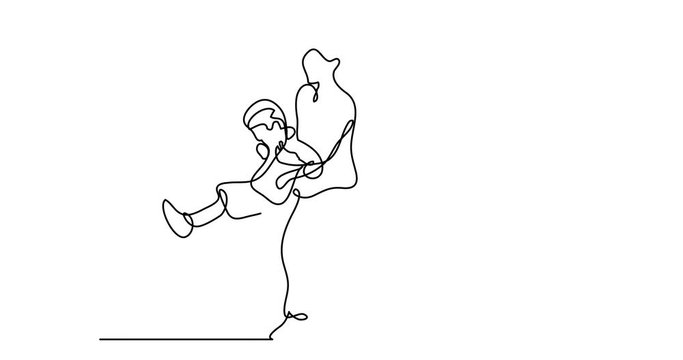Self drawing animation of continuous line drawing of mother playing with son