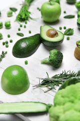 Fresh Green Vegetables And Fruits On White Background.