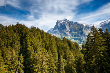 View of alpine Eiger village. Location place Swiss alps, Grindelwald, Europe.