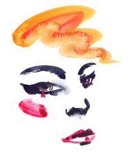 Abstract portrait of a blonde woman with wavy hair,  bright make up and red lips painted in watercolor on clean white background