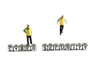 Cyber security on beads with miniature scale model security guards isolated on a white background