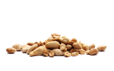 Salted and marinated peanuts with cashew nuts and almonds, pile isolated on white background
