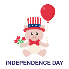 4 july cartoon cute pig in hat sitting with flowers and balloon with text
