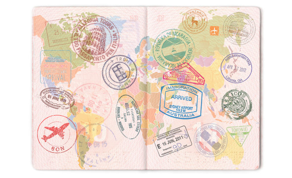 Visas, stamps, seals in the passport. World map, travel