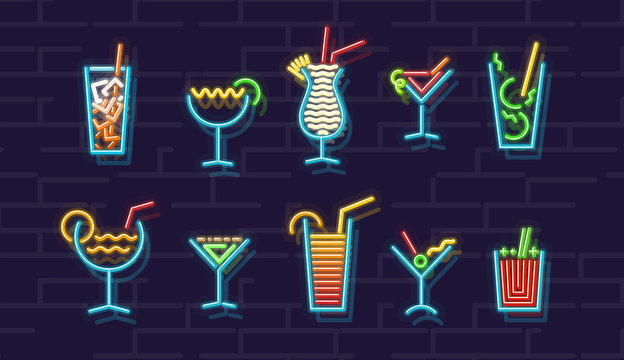 Neon cocktails icons set. Ten popular alcoholic isolated geometric cocktails on brick wall background.