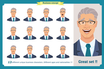 Set of male facial emotions.Face expressions of a man. Flat cartoon character. Businessman in a suit and tie.  business people in round icons. Isolated vector on white.Set of avatars